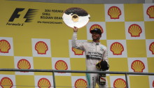 Lewis Hamilton with his trophy from the 2015 Belgium Grand Prix